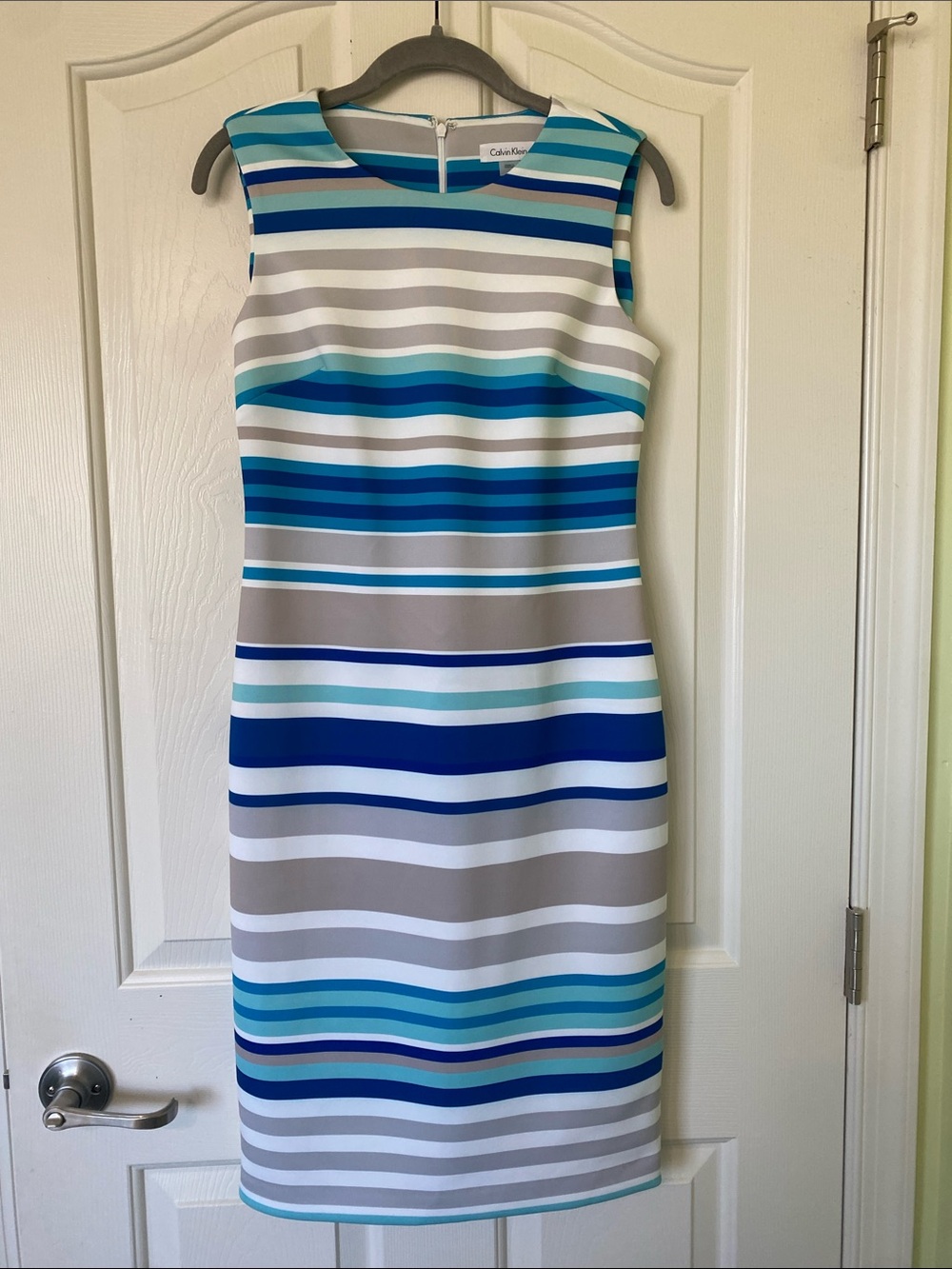 Calvin Klein Teal, Blue & Gray Striped Sleeveless Midi Dress